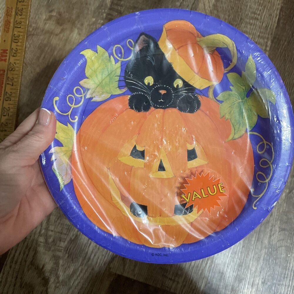 Vintage Halloween 9” Set 12 Plates American Greetings Black Cat Pumpkin Cute
